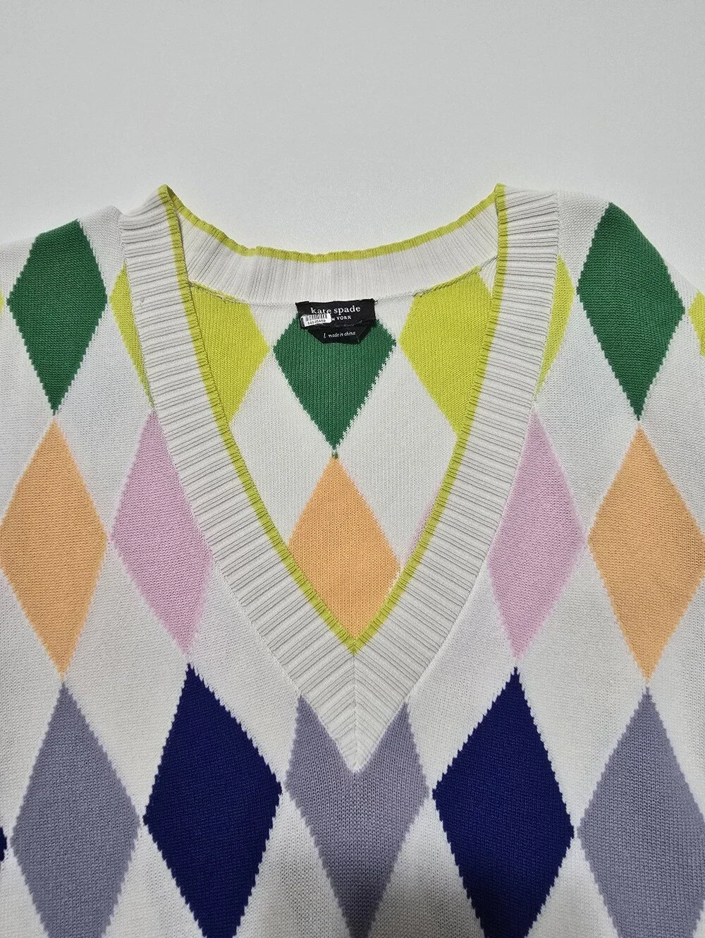 Kate Spade New York Spring Argyle Sweater Short Sleeves V-neck Size L